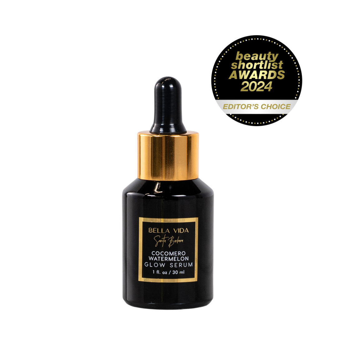 serum over a black bottle labeled 'Bella Vida Santa Barbara Cocomero watermelon glow serum with hyaluronic acid' with beauty shortlist awards 2024 editors choice award