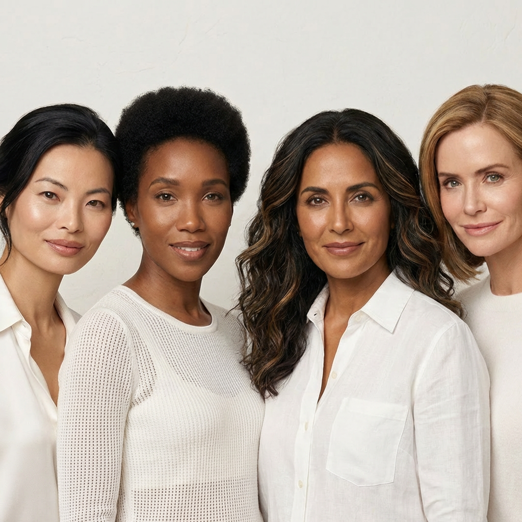 Four women of different ethnicities wearing white shirts against a light background