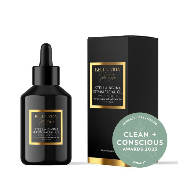 Bella Vida Santa Barbara Luxury Skincare Stella Divina serum Facial oil vegan, clean, cruelty-free hydrating skin award winner